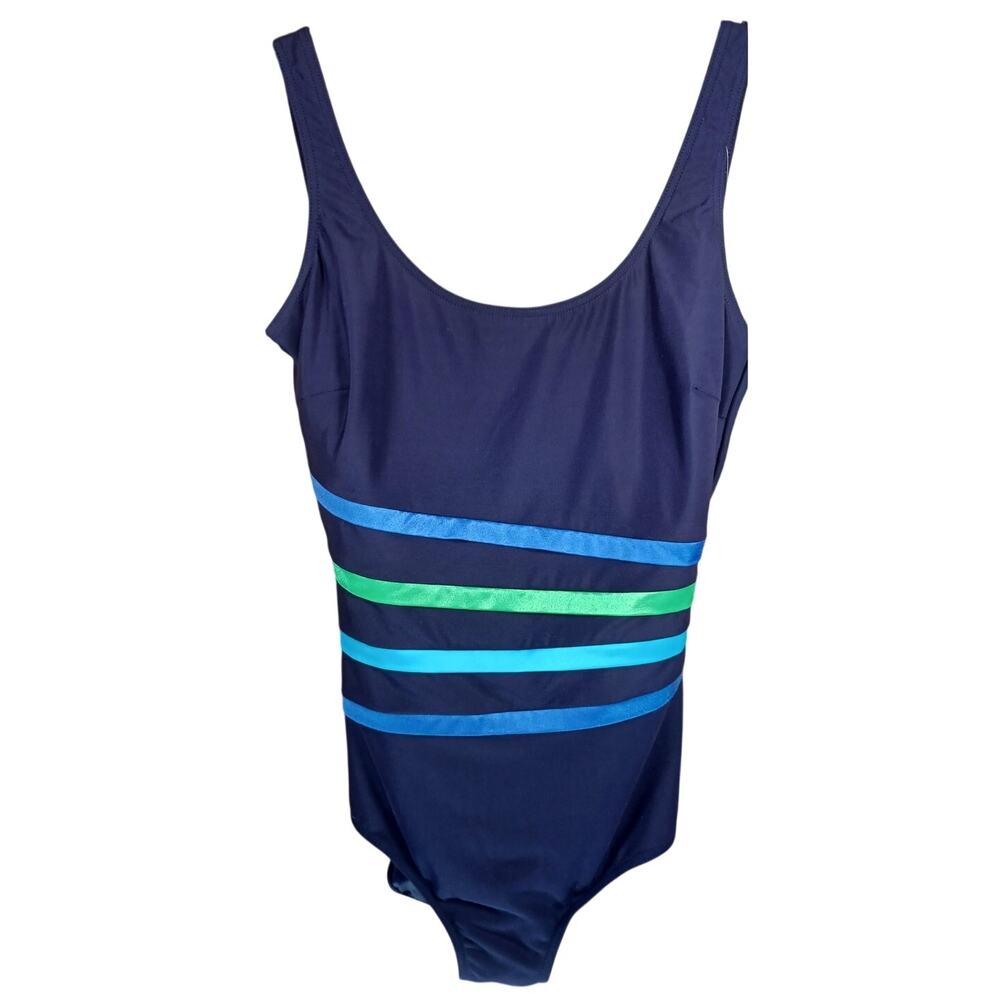NWT It Figures! One-Piece Swimsuit Size 16 Navy Blue Striped Tummy Thinner VTG
